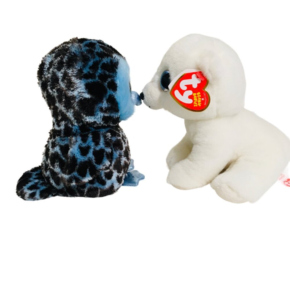 NEW TY Beanie Babies Ari White Polar Bear and Yago Blue Owl Glitter Eyes NWT